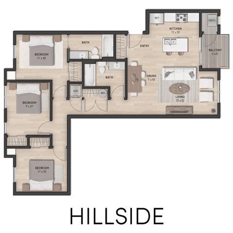Floor plan for 3 beds, 2 baths, 1150 sqft